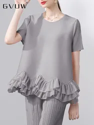 GVUW Pleated Irregular Hem T Shirt Women Short Sleeve Round Collar Versatile Summer Solid Color Casual New 2024 Tops 17G6996