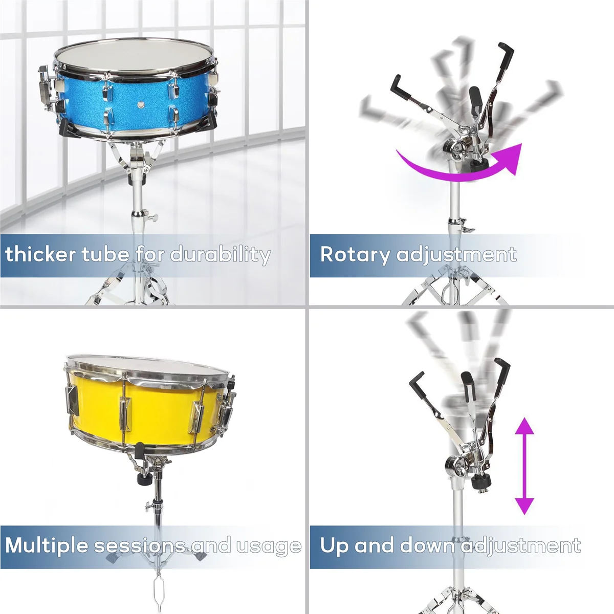 Supporto per rullante DSAO, supporti per rullante per concerti Supporto per rullante regolabile con doppio rinforzo per batteria da 8 pollici a 14 pollici, tamburo con linguetta in acciaio