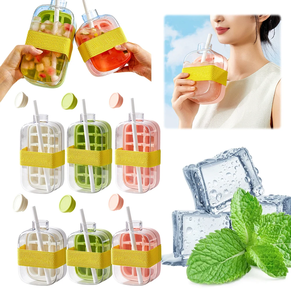 800ml/500ml 2-in-1 Ice Cube Water Bottle&Tie&Straw Portable One-click Ice Maker Kettle Ice Mold Cooler Cup Outdoor Fitness Drink