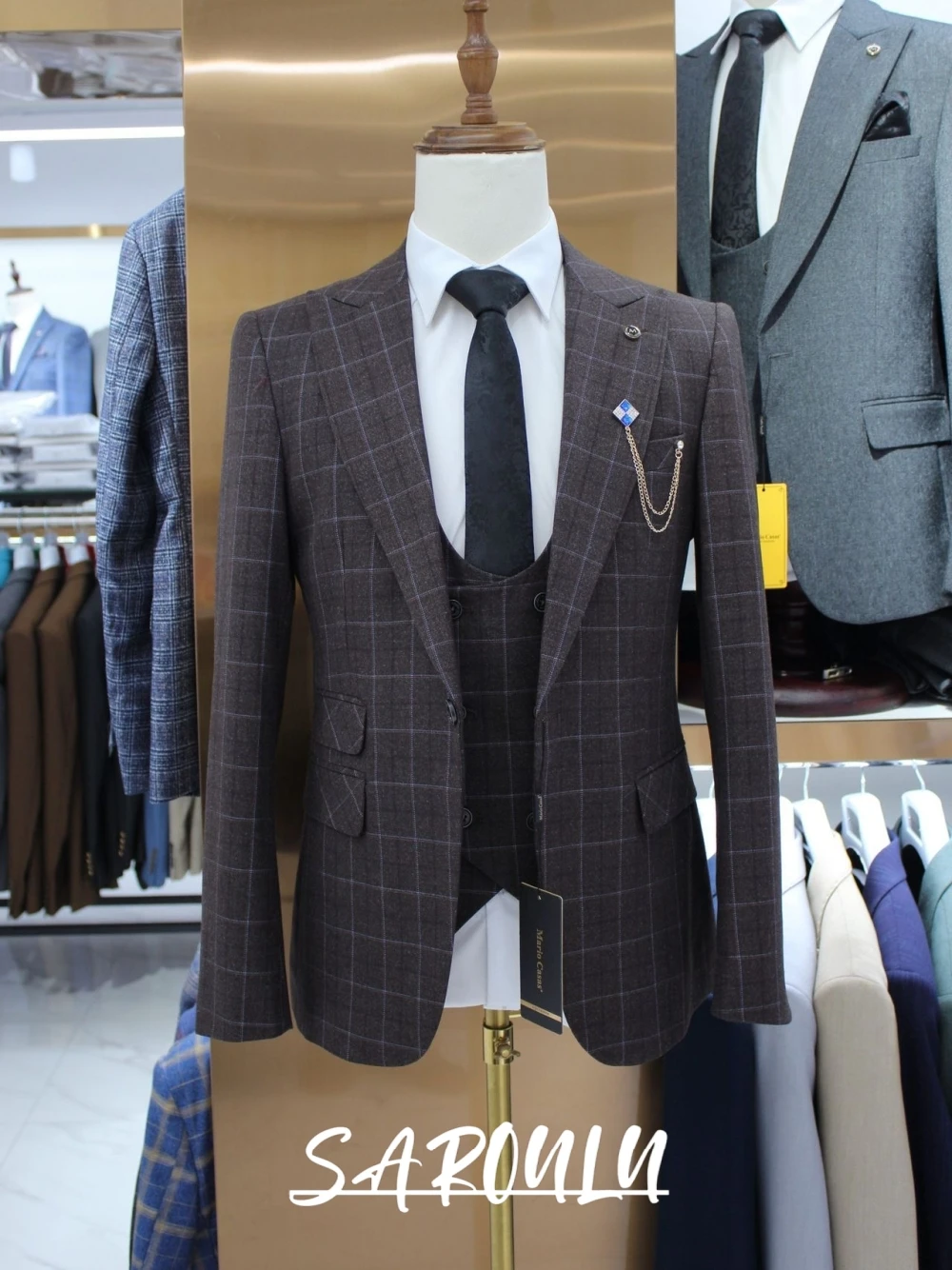 Decent Men\'s 3 Piece Camel Plaid Suit Slim Fit Check Formal Business Wedding Blazer Vest Pants Set Elegant Tuxedo Groom Wear