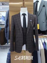 Decent Men's 3 Piece Camel Plaid Suit Slim Fit Check Formal Business Wedding Blazer Vest Pants Set Elegant Tuxedo Groom Wear