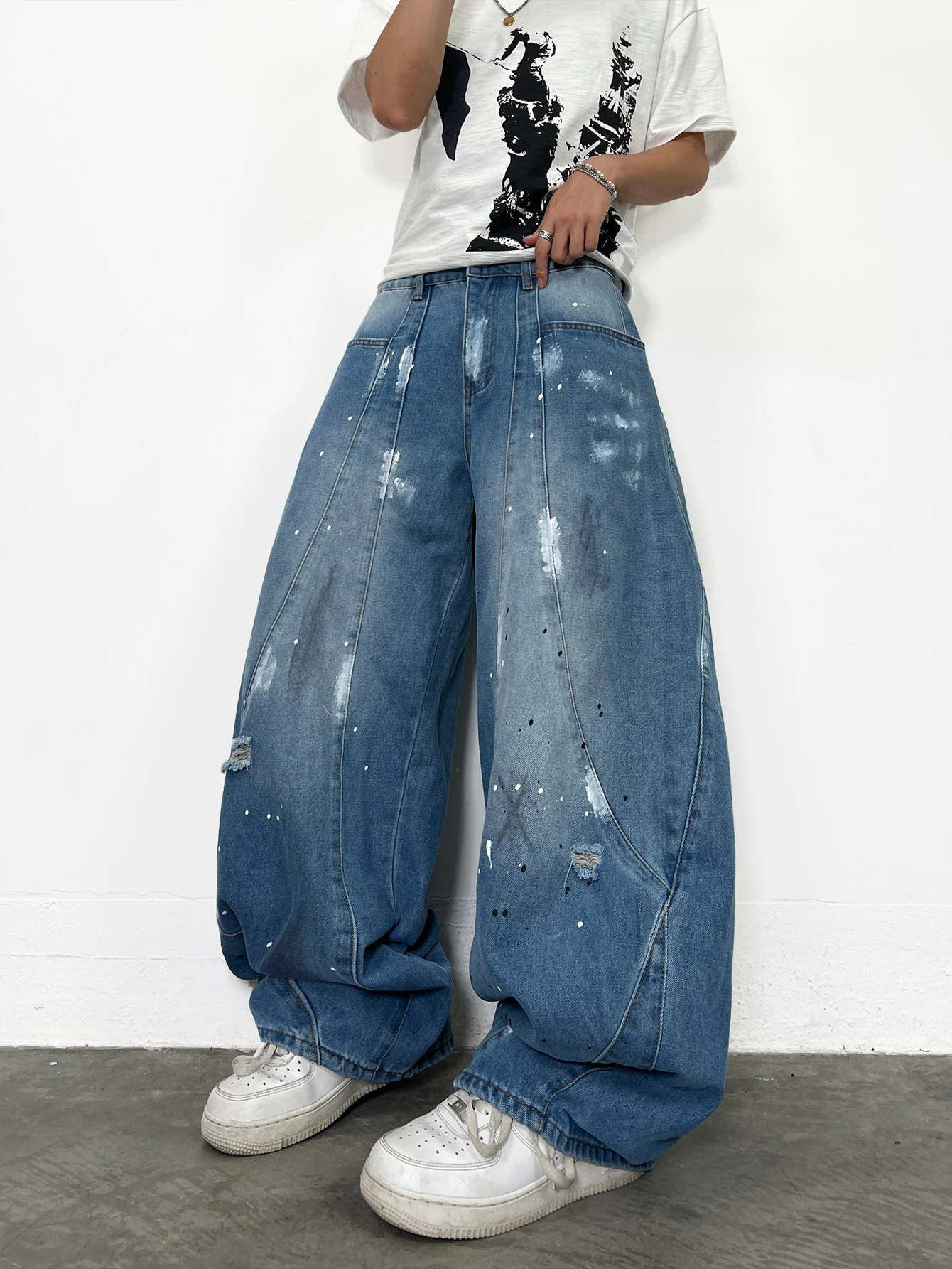 Men's Jeans, Vintage Washed Baggy Wide Pants, Distressed Men's Trousers With Paint-Splatter Decoration, Casual Men's Trousers