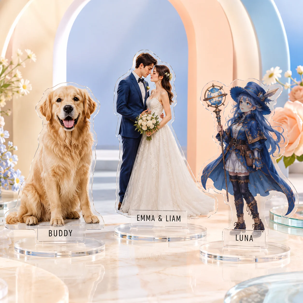 Custom Acrylic Standee Personalized Photo Text Acrylic Figure Stand Customized Cutout Desk Decor Wedding Gift with Round Base