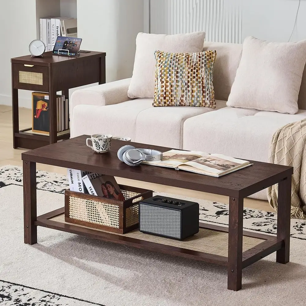 Coffee Tables or Living Room, Walnut | Rattan Center Table with Open Storage Shelf & Thickened Top & Country Wood Grain