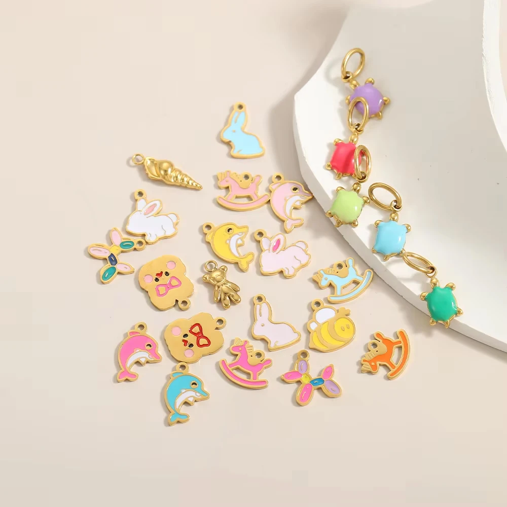 

CARLIDANA 2PCS Colored DIY Stainless Steel Jewelry Enamel Turtle Pendant Necklace Female Rabbit Bear Balloon Dog Dolphin Charms