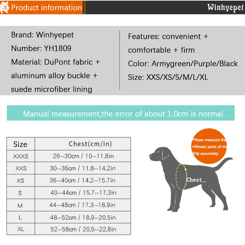 Winhyepet Dog Harness Chest Strap Outdoor Travel Walking Leash Comfortable Light Small Medium Large Pet Product YH1809