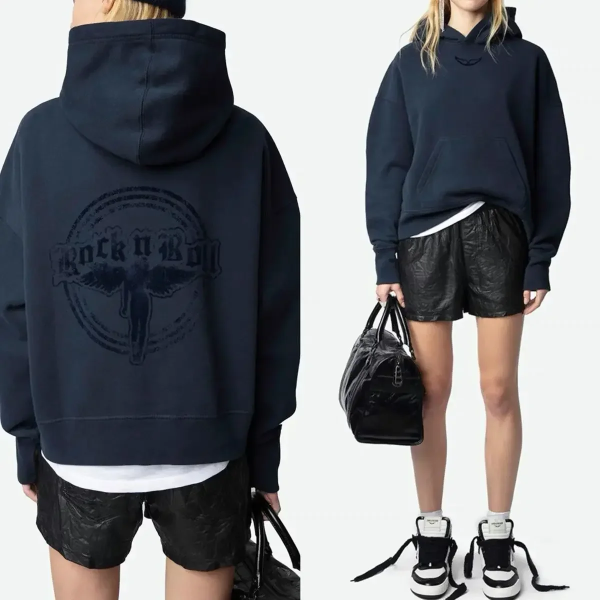 

2025Новый осенний свободный передний принт с крыльями сзади ангел плюшевый женский свитшот с капюшоном однотонные модные женские топы для отдыха