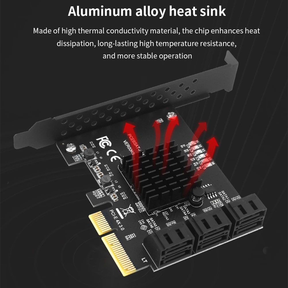 TISHRIC PCIE 4X To 6 Ports SATA 3.0 6 Gbps Expansion Card Pcie Splitter Controller PCI-Express 4x 8x 16x Add On Card for HDD SSD