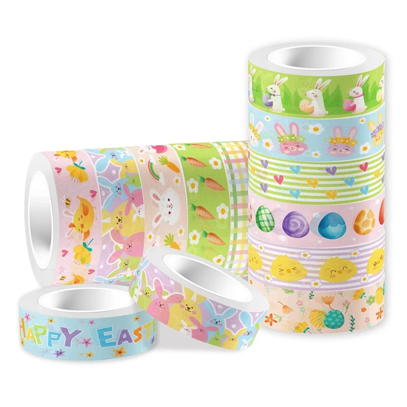 RMWIN-12 Pcs Easter Washi Tapes Set Easter Bunny Chick Gnom Pattern Masking Tape Easter Themed Decorative Tape
