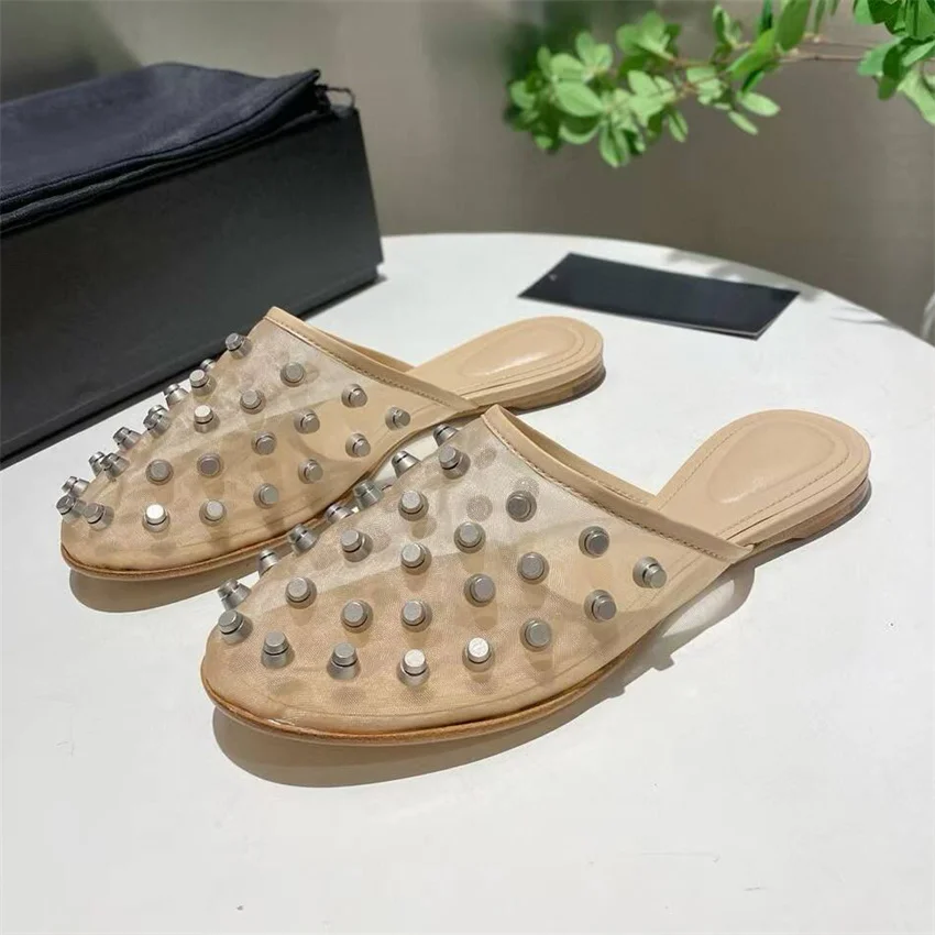 

Rivet Inlay Mesh Hollow Flat Slippers Women 2025 Summer New Round Toe Crystal Slippers 35-43 Big Size Fashion Dress Party Shoes
