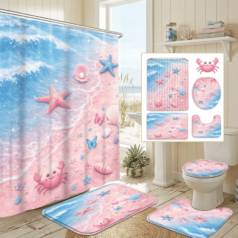 

Shower Curtain Set 4pcs Pink Beach Seashell Shower Curtain Set Polyester Waterproof Bathroom Curtain with 12 Hooks Non Slip Bath Mat U Shaped Toilet Mat Toilet Lid Cover Coastal Ocean Bathroom Decor Home Accessories