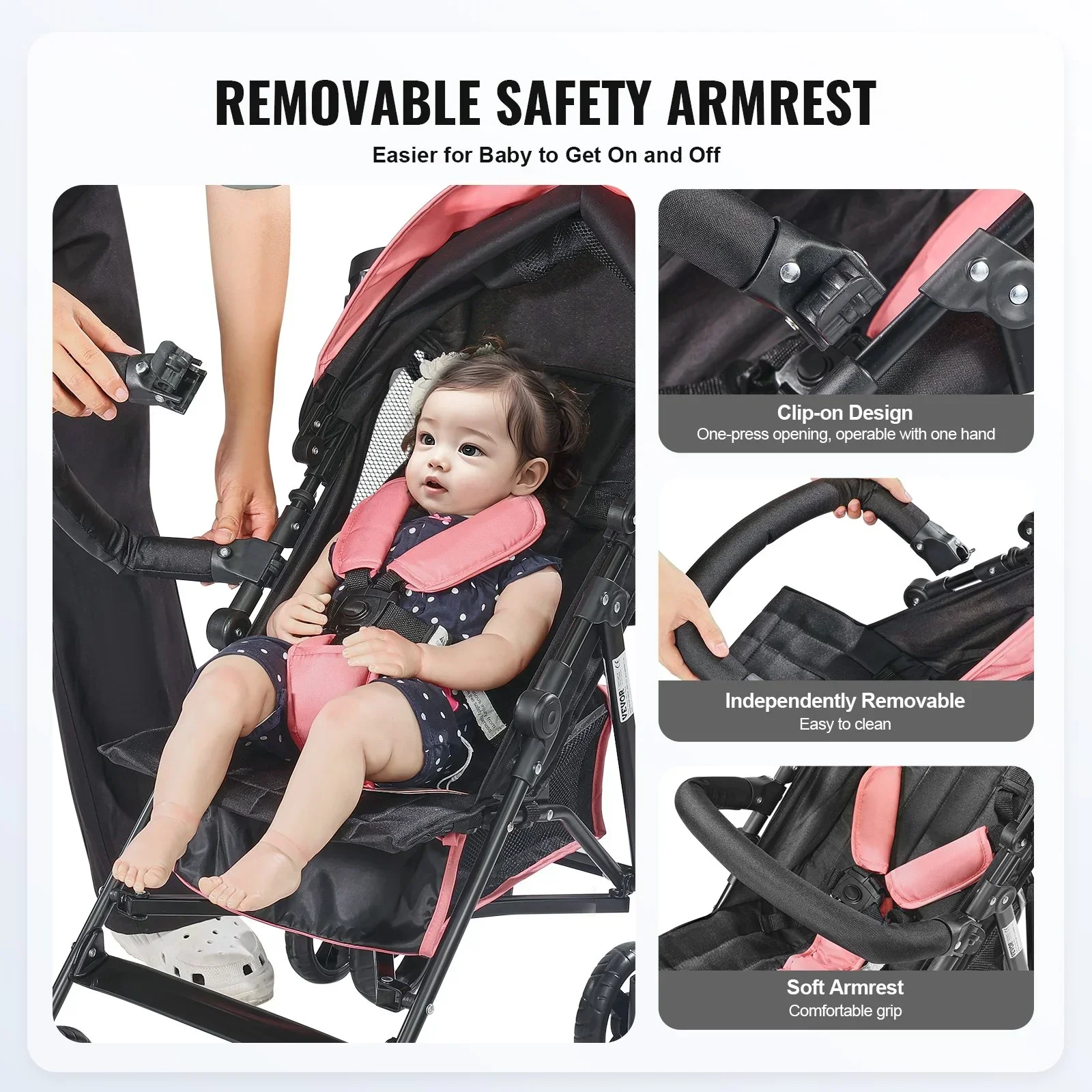 Leichter, kompakter Kinderwagen, einfach zusammenklappbar, verstellbare Rückenlehne, Schwarz/Rosa