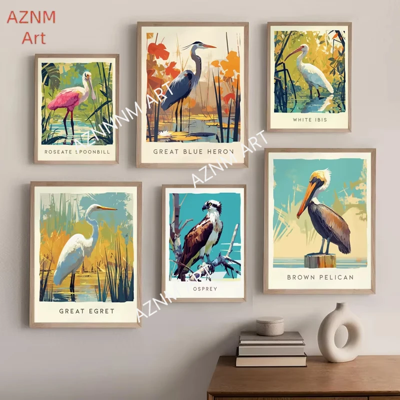 Vintage Abstract Oil Paint Wild Birds Animals Pointed Mouth and Long Legs Posters Canvas Prints Art Picture Home Room Wall Decor