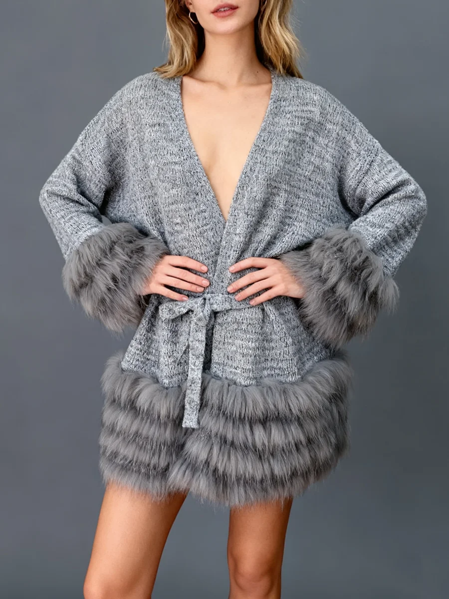 TWOTWINSTYLE Solido Allentato Impiombato Lace Up Eleganti Giubbotti per Le Donne Con Scollo A V Maniche Lunghe Patchwork Pelliccia Volant Giacca Femminile Nuovo