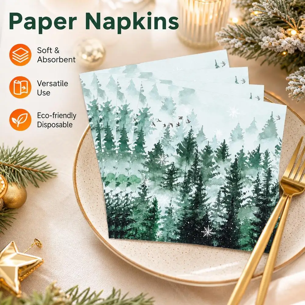 Green Misty Pine Tree Napkins Winter Snowflake Bird Watercolor Disposable Paper Napkin Xmas New Year Farmhouse Party Decor ﻿