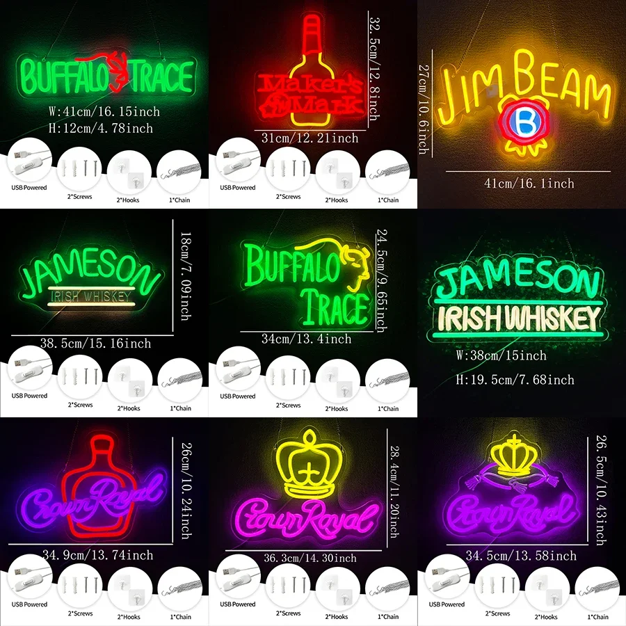 Jameson/Maker Mark/Crown Canadian Whiskey Signs for Man Cave Pub Bistro Party Decor Buffalo Whiskey Neon Sign for Wall Decor, view 2
