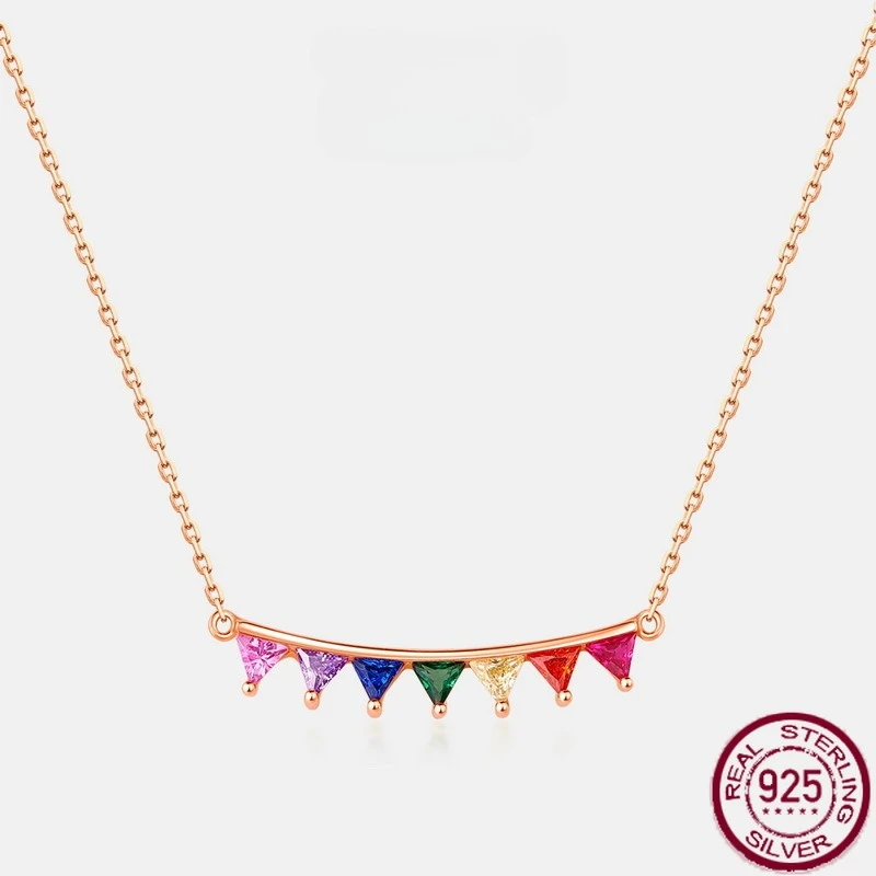 

New S925 Pure Silver Triangle Flag with Colorful Zirconia Light Luxury Inlaid Rainbow Zirconia Necklace Fashion Wedding Jewelry