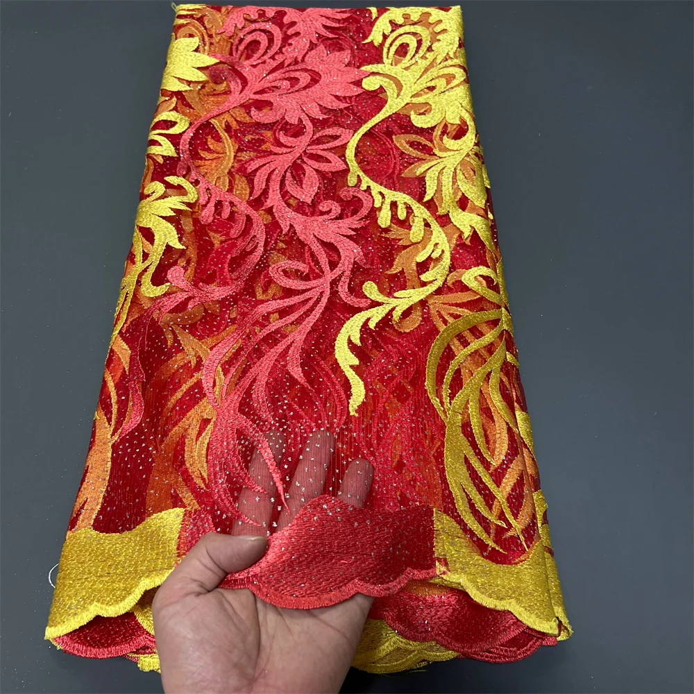 

2025 Высококачественная вышивка в африканском нигерийском стиле с блестками, тюль, кружевная ткань, сетчатая ткань для шитья, платья для выпускного вечера, бусы, 5 ярдов, ZJ056