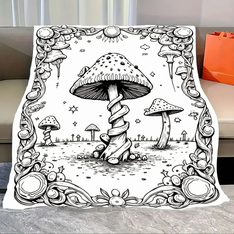

1pc Flannel Blanket Mystic Mushroom Forest Blanket - Black & White Boho Art Design