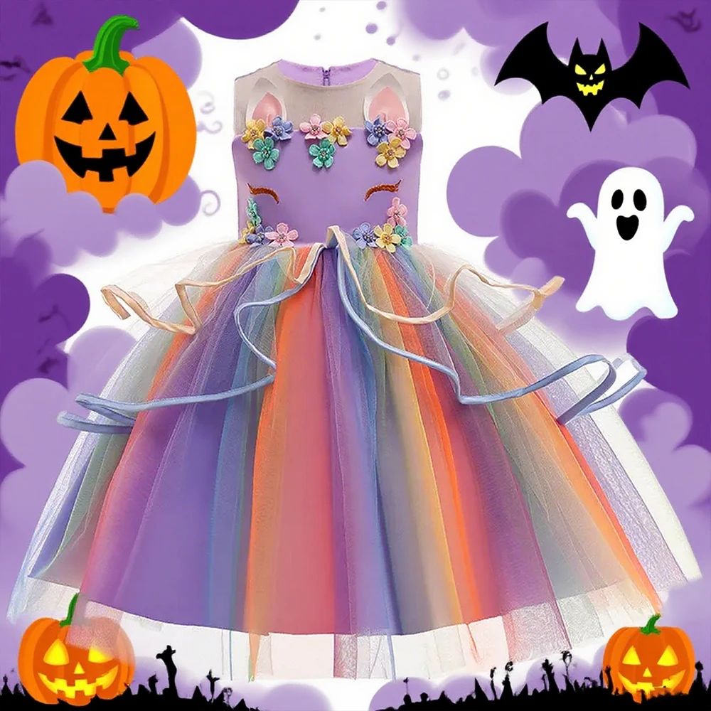 Kinder Einhorn Cosplay Kleid Halloween Kostüme Kinder Mädchen Prinzessin Kleid Regenbogen Mesh Hochzeit Kleid Mädchen Party Kleider 2-10Y
