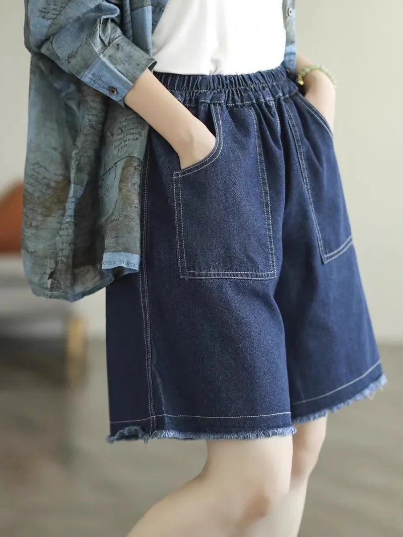 2025年夏新作 カジュアル ルーズ ビッグサイズ ゆったりウエスト ジーンズ レディース デニムショートパンツ デザイン感のあるヘアエッジ ワイドレッグパンツ w114