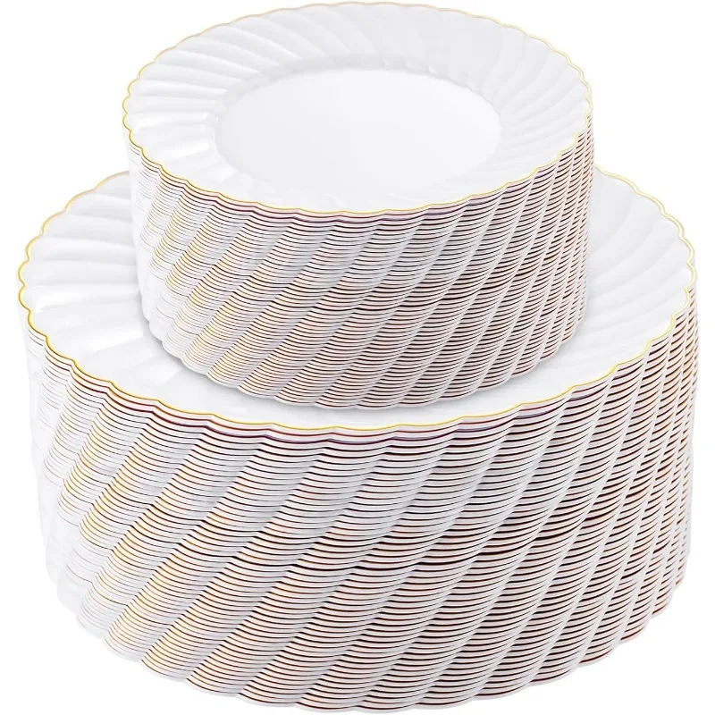 

100 Piece White Plastic Party Plates White Gold Rim, 50PCS Premium Heavy Duty 9 Inch Dinner Plates and 50PCS Disposable 6.5 Inch