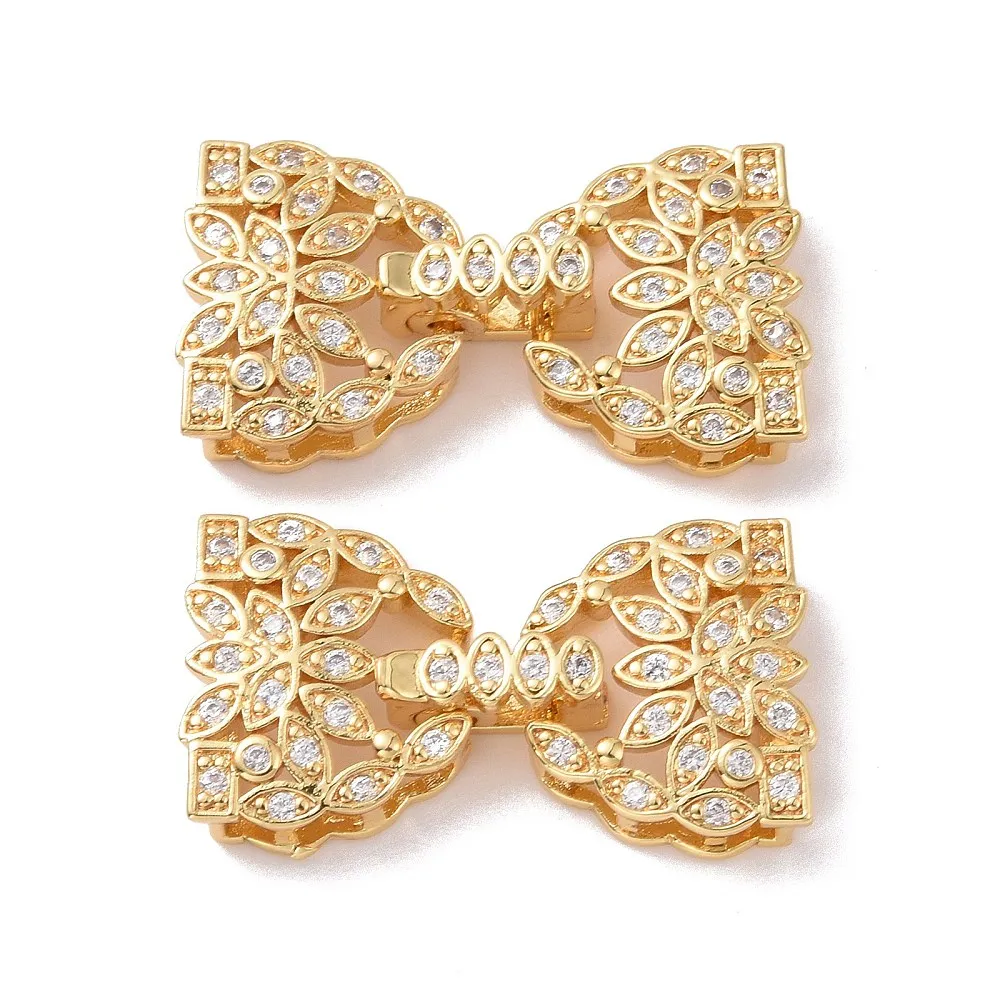 PandaHall 10 Stück Messing-Micro-Pave-CZ-Bowknot-Faltschließen, Gold/Silber, 26,5 mm, Dreieck, 12,5 x 14,5 x 5 mm, für die Schmuckherstellung – Detail 3