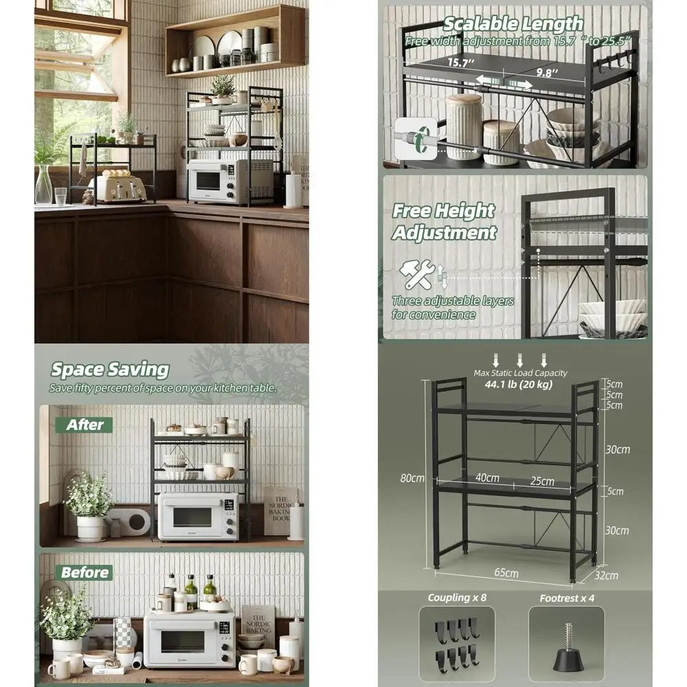 

Expandable Microwave Stand with 3-Tier Kitchen Organizer Shelves, 8 Hooks, 110 lbs Capacity, Black