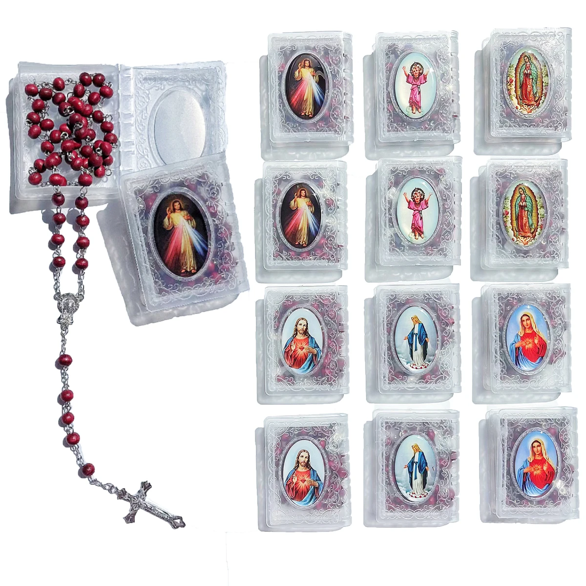 12 Pieces/Set Fragrant Wood Bead Necklace with 6MM Jesus Cross Prayer Alloy Guadalupe Book Box