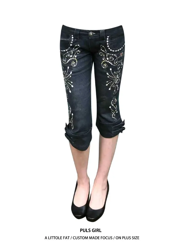 

Low Waist Slim Fit Denim Capri Pants Women's Summer New Style Spicy Girl Washed Gem Print American Retro Style Casual Jeans