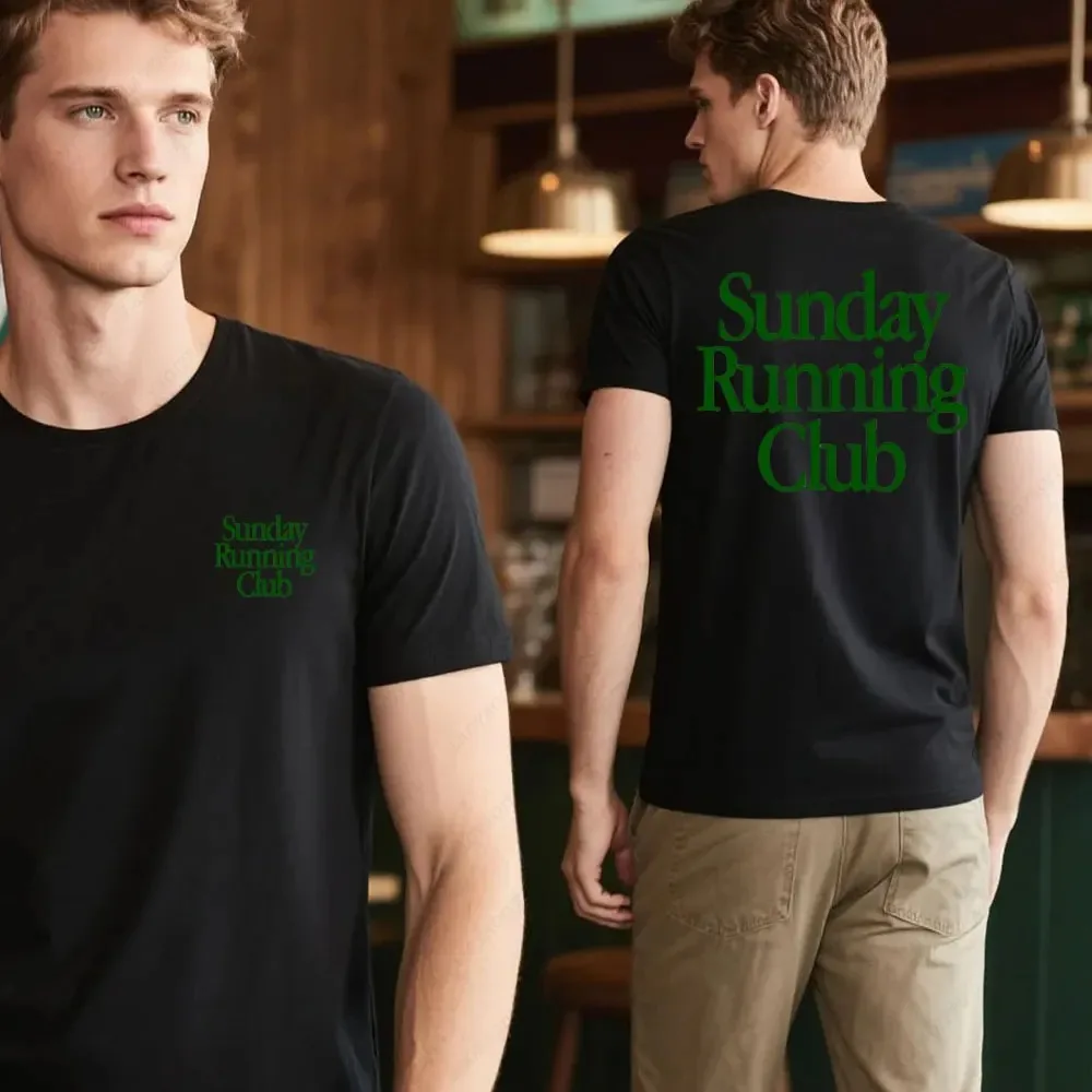 Sunday Running Club Print T-Shirt Sporty Casual Top for Jogging Daily Men Women Crewneck Cotton Tee Tops Double Sided Printing