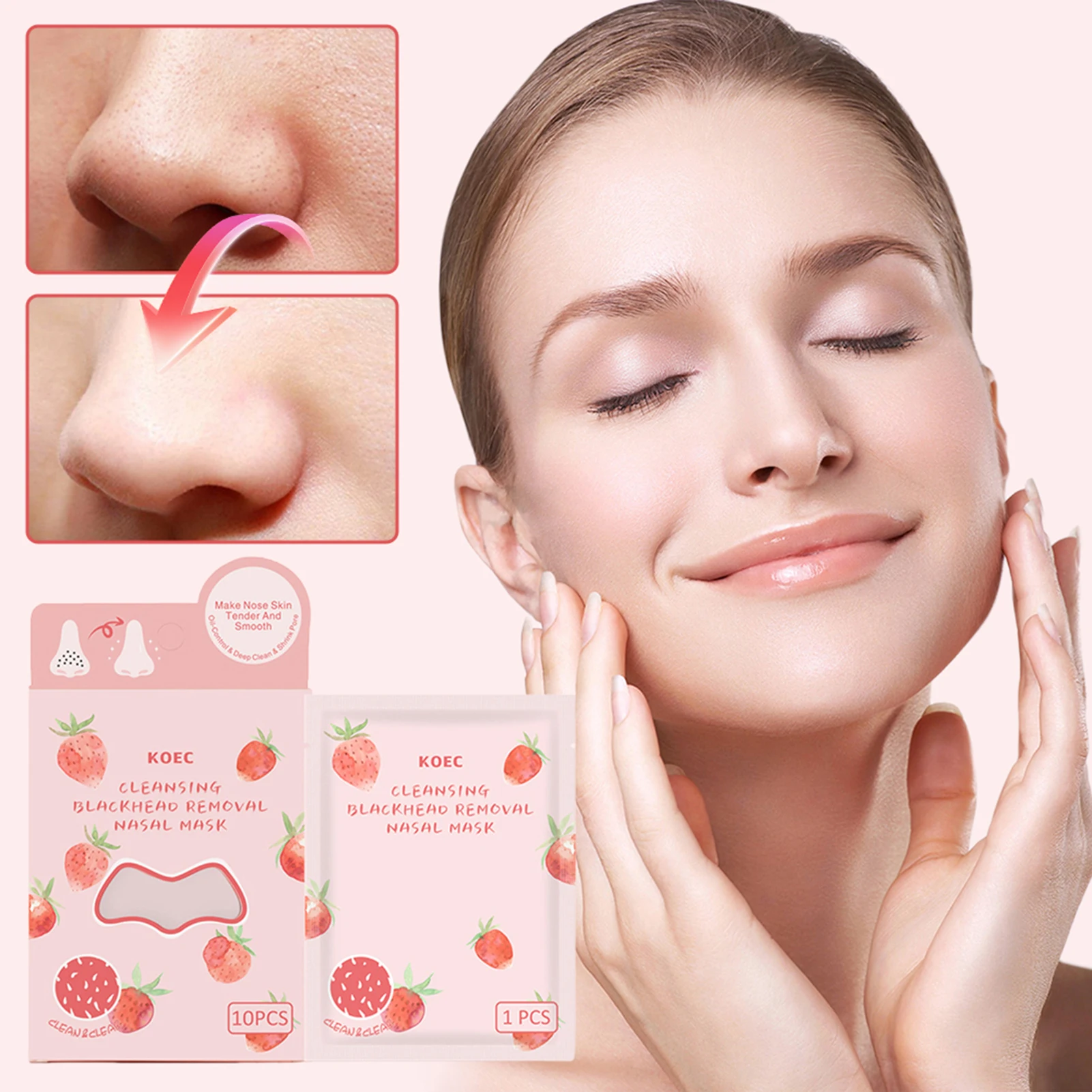 

10pcs/Box Blackhead Remover Mask,Strawberry Peel Off Mask For Nose Deep Pore Cleansing Nose Pore Strips,Skin Care Products