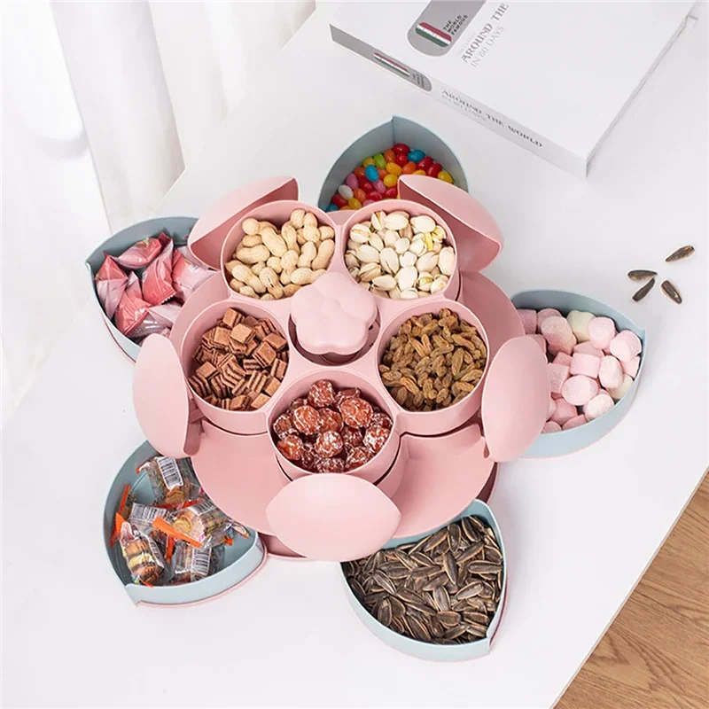 

Petal-Shape Rotating Candy Box 2Layer Snack Tray Case Nut Cookies Dried Fruit Plate Food Storage Box Wedding Home Organizer