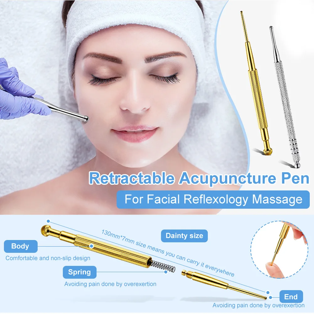 Facial Reflexology Massage Tool Retractable Acupuncture Pen Double Headed Spring Ear Care Tool Point Probe Pen Massager for Face