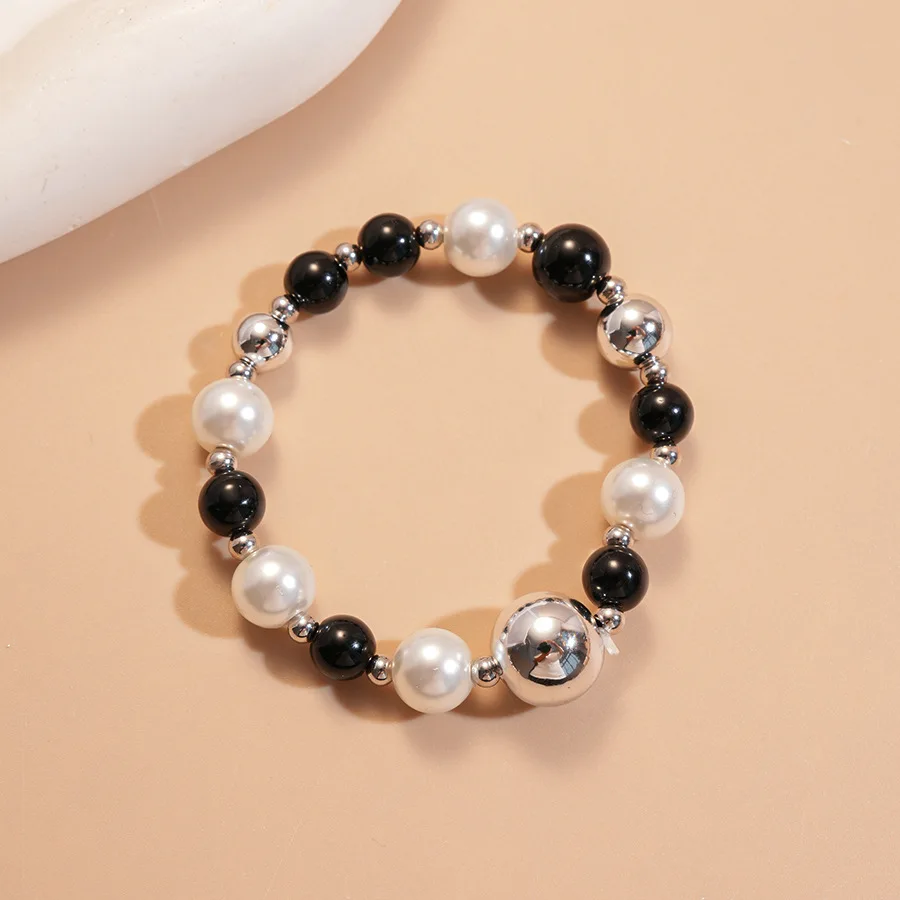 Black White Beaded Jewelry Round Pearl Black Stone Necklace Wrist Band Set Handmade Street‑wear Fashion Lover Hand Chain Choker