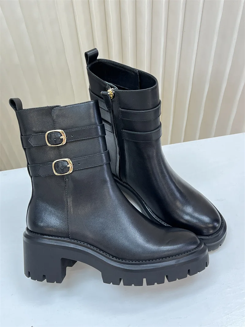 Withered Thick Heel High Rise Ankle Boots Winter Zipper Leather Short Boots Thick Bottom Belt Buckle Motorcycle Boots Women's