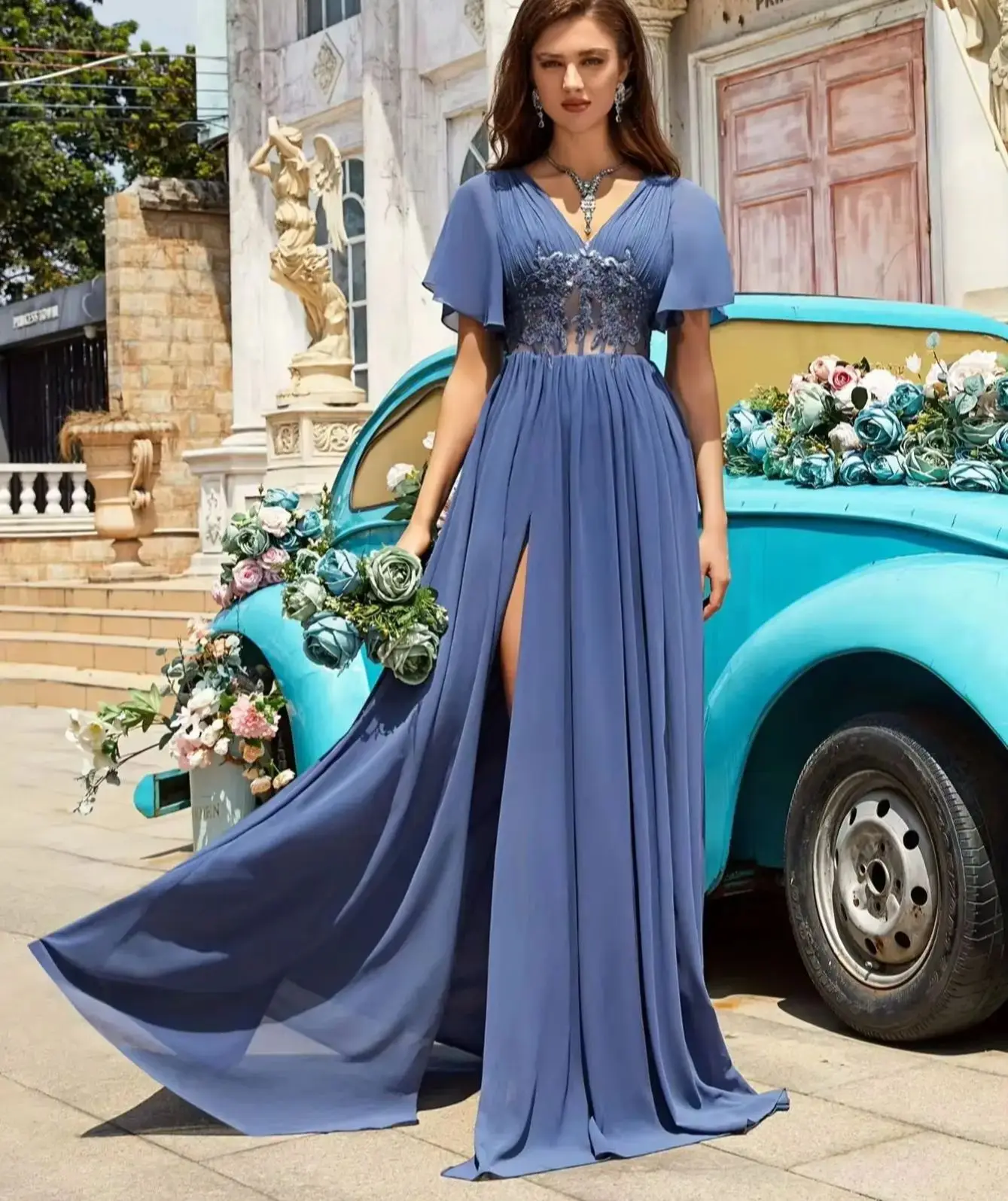 

Chiffon Short Sleeve Prom Dresses With Appliques Pleats Women's Elegant Sexy Corset High Slit Wedding Christmas Evening Gowns