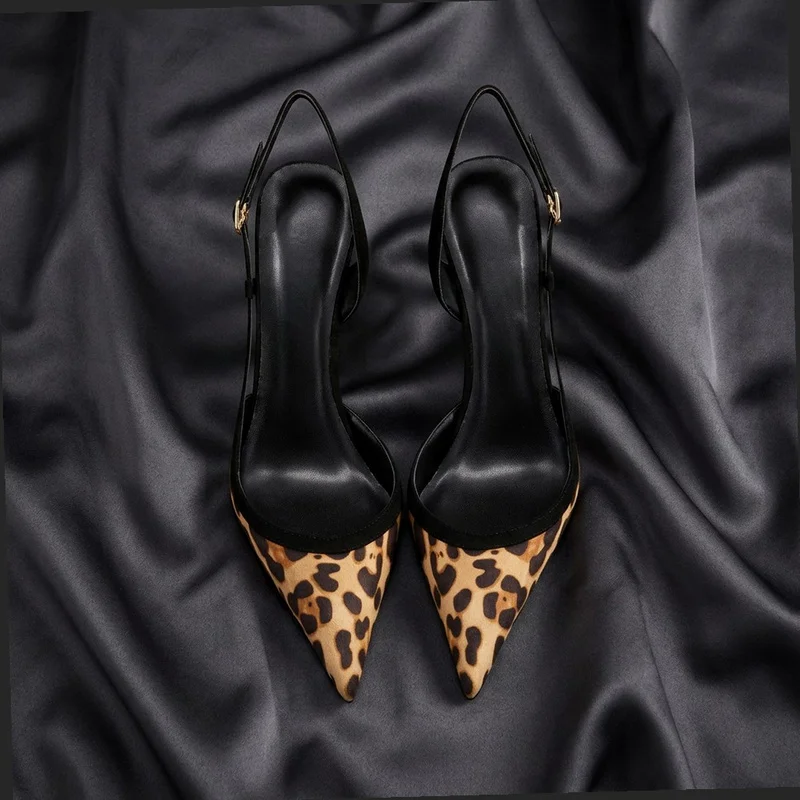 Yuejinlong # YJ26-802, Sandales à bride cheville en daim noir imprimé léopard, talons aiguilles à bout ouvert, Nouvelle collection 2026 pour soirées et événements