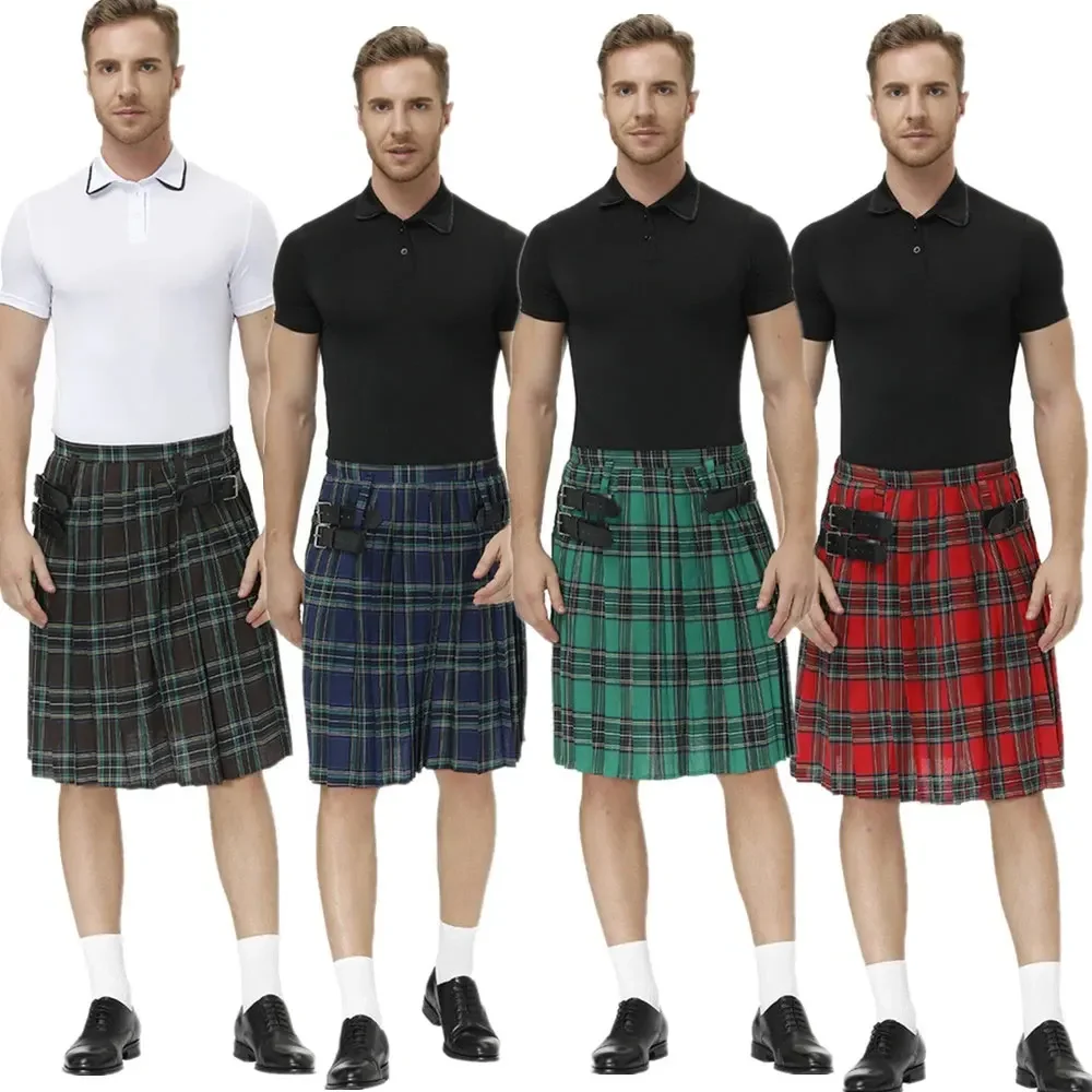 

Gothic Men Scotland Kilt Traditional Plaid Belt Pleated Bilateral Chain Punk Hip-hop Avant Garde Scottish Tartan Trousers Skirts