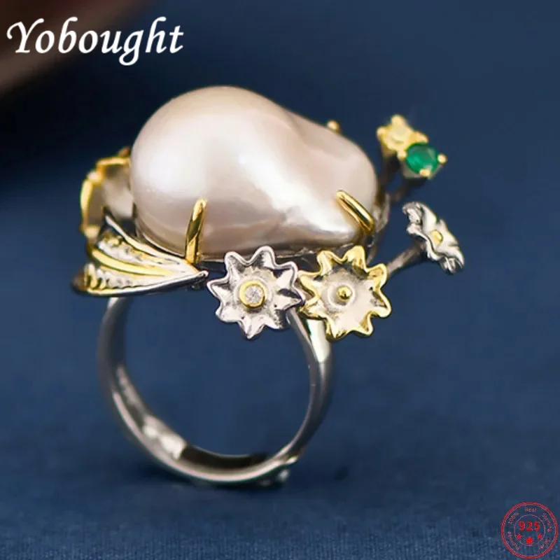 

Genuine s925 sterling silver rings for Women New Fashion Baroque freshwater pearl micro inlay zircon hollow leaf flowers jewelry