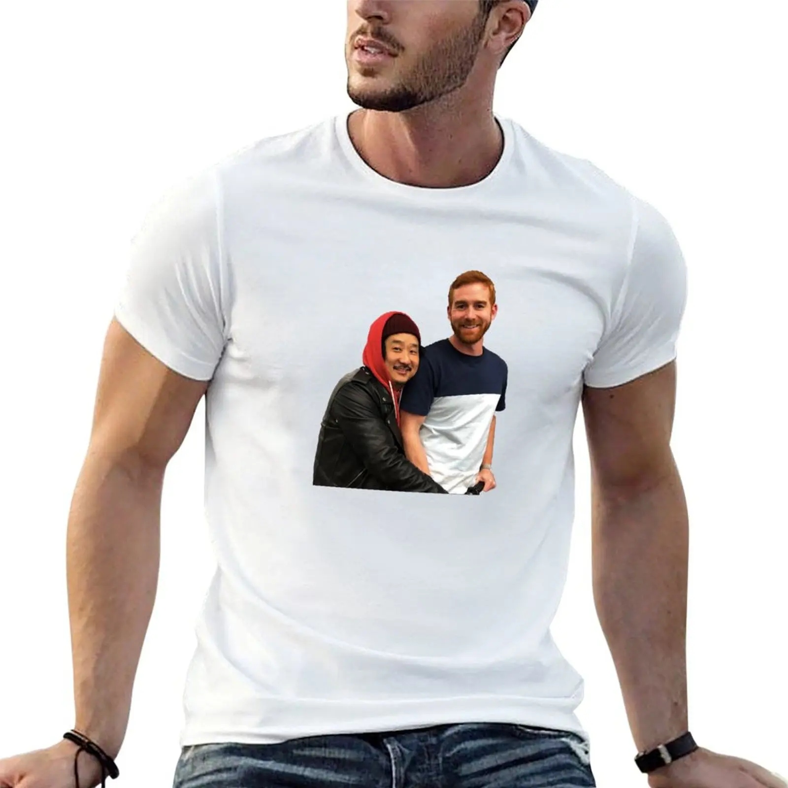 Camiseta masculina do podcast Andrew Santino Bobby Lee Bad Friends, camiseta masculina de luxo, camiseta masculina de algodão