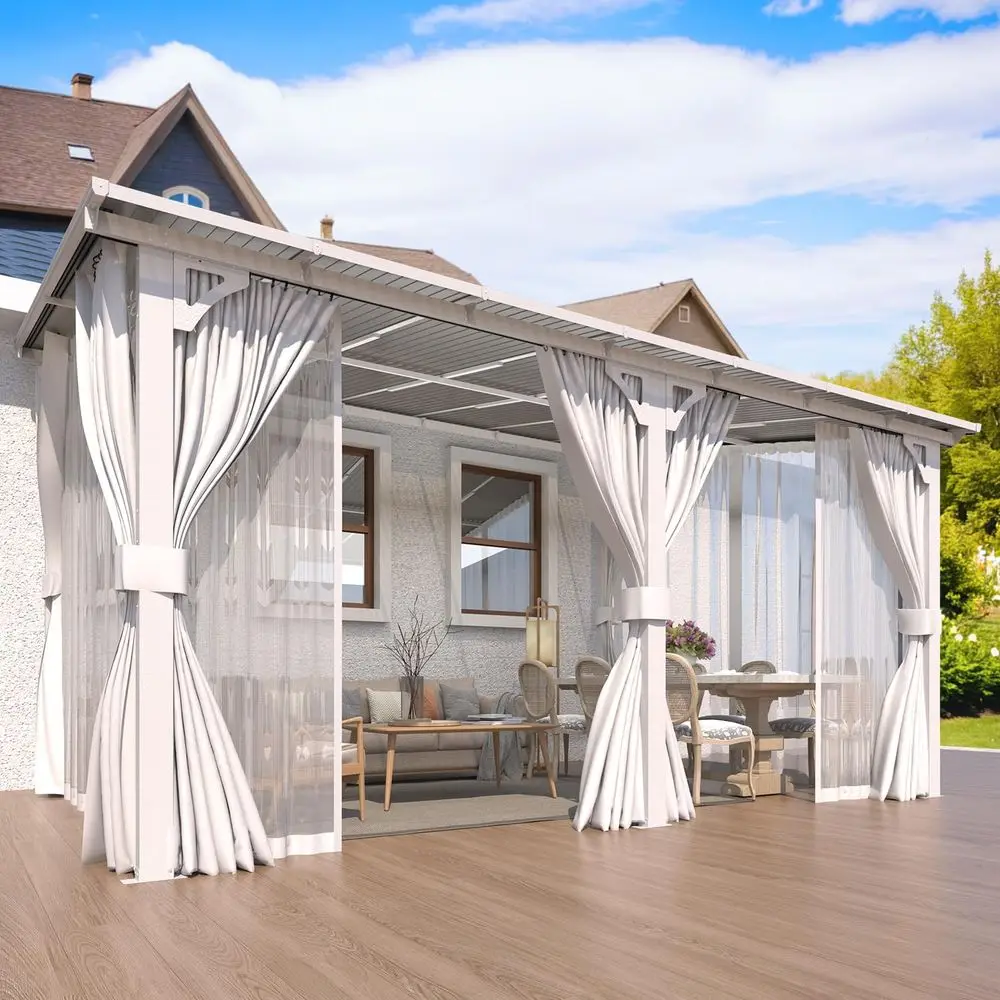 

14x10 Outdoor Lean to Gazebo with Curtains and Mosquito Netting for Patio, Hard Top Wall Mounted Pergolas and Gazebos Clearance