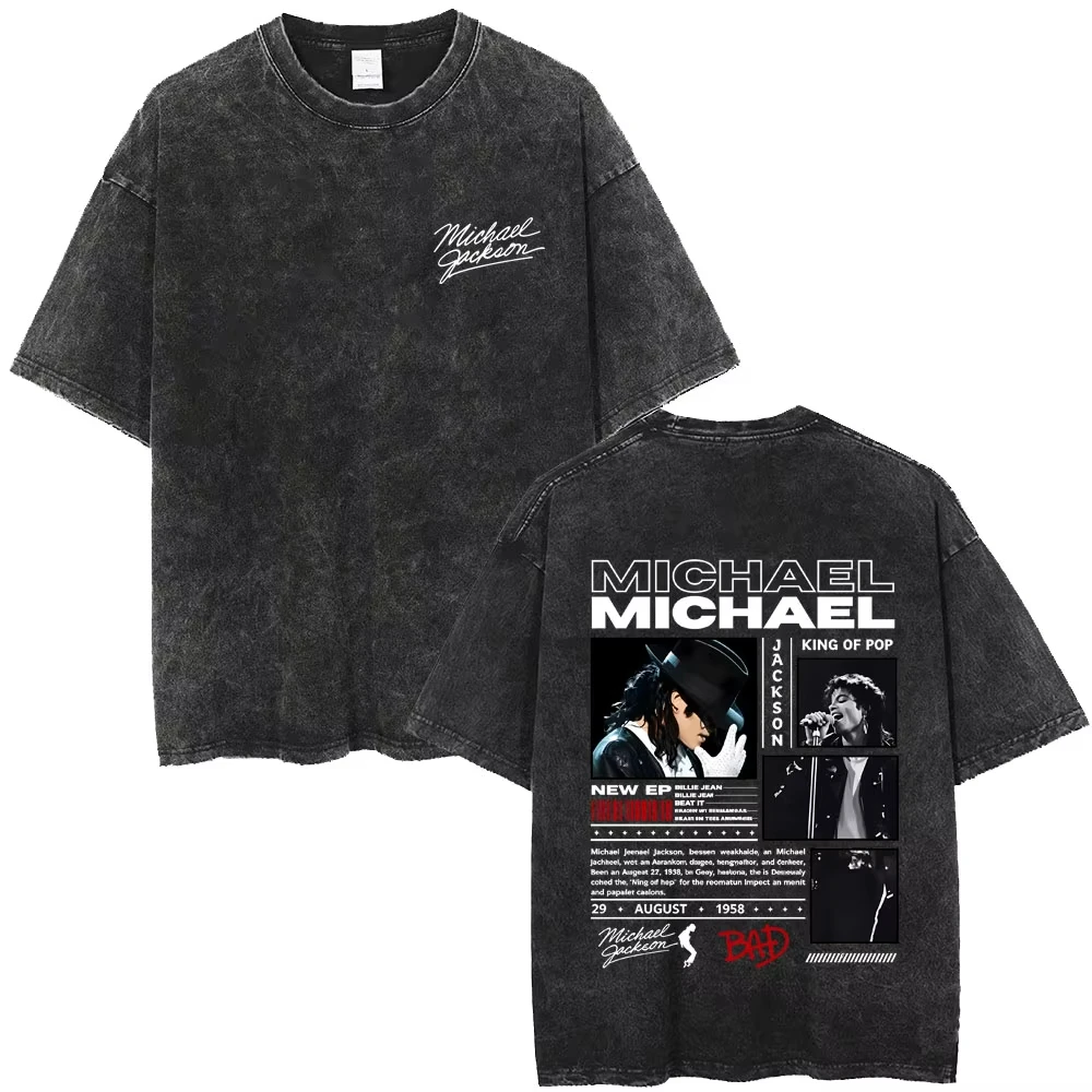 2026Michael Jackson Dangerous World Tour Graphic T-Shirt Acid Wash Grey Short Sleeve Tee Retro Pop Music Loose Summer Cotton Top