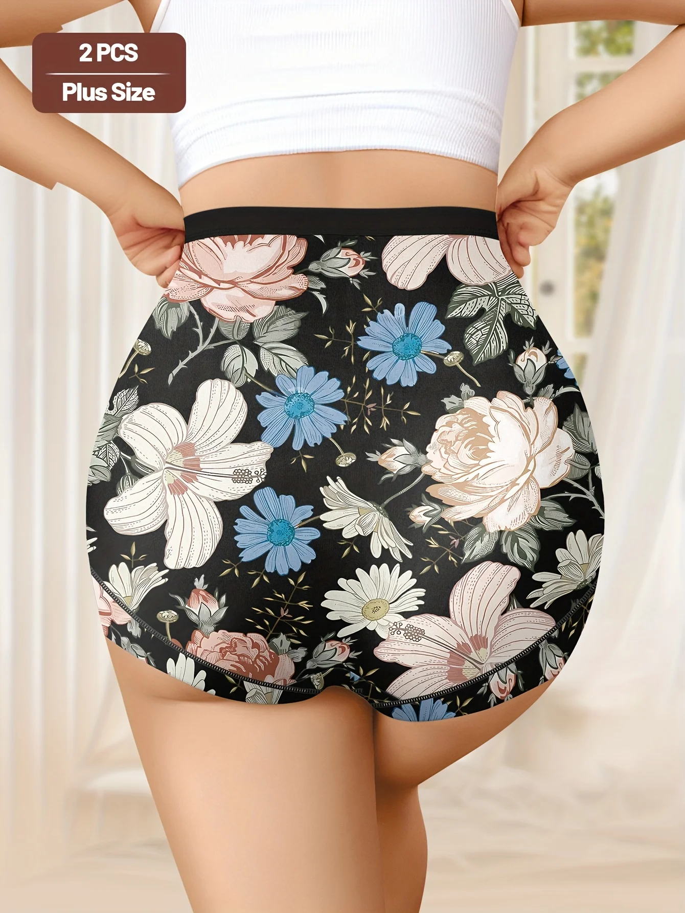 2-Pack High-Waist Panties Plus Size Women'S Underwear Tummy Control Butt Lifting Printed Pattern Comfortable Fit Black