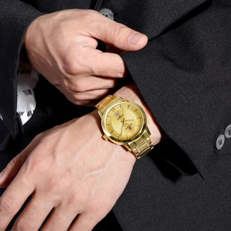 ساعة كوارتز رجالية فاخرة من NAVIFORCE NF9254 مع تقويم أنيق وحزام فولاذي مضيء مقاوم للماء وساعات عمل أنيقة