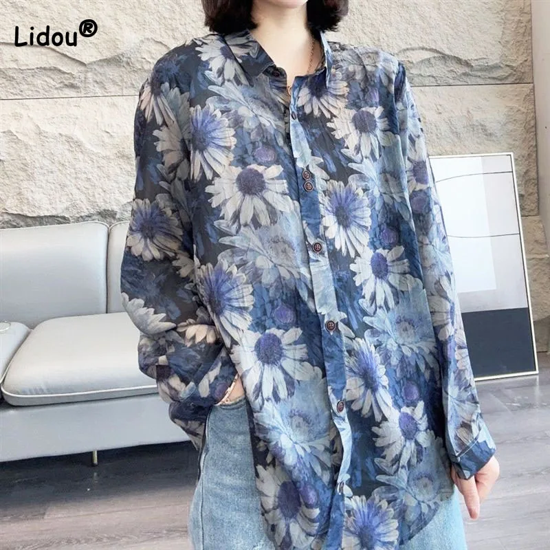 

Women's Clothing Vintage Floral Long Sleeve Shirt Spring Summer Korean Fashionable Loose Lady Turn-down Collar Printed Blouse