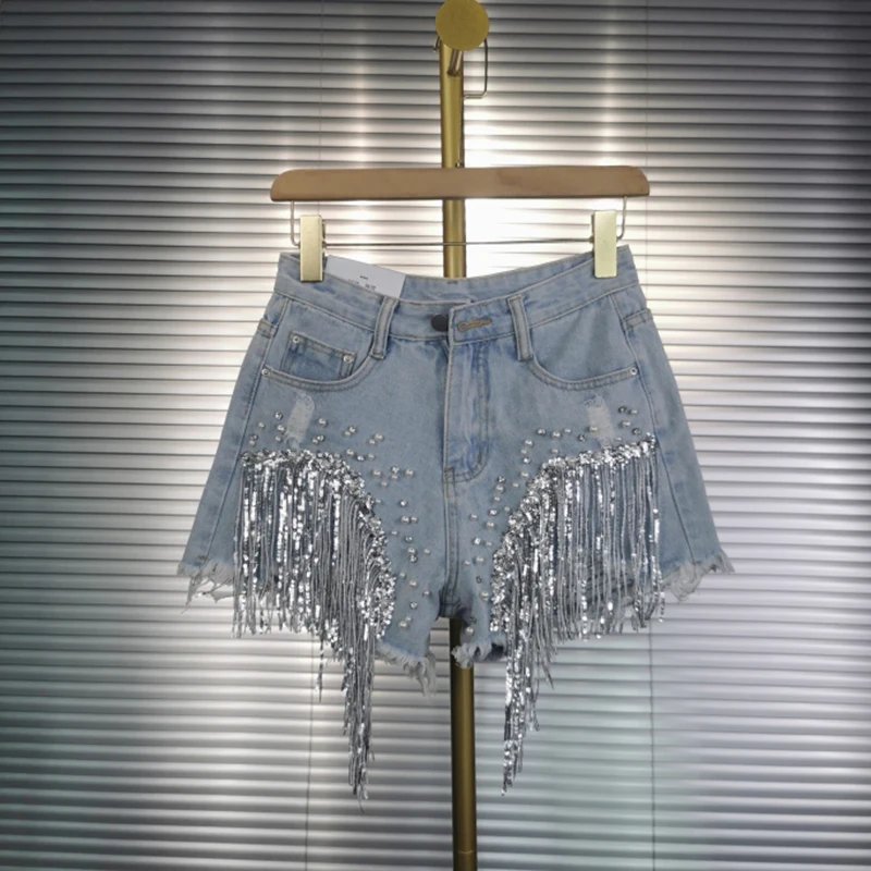 

Korean Shiny Sequin High Waist Slimming Diamond Lace Trim Wide Leg A-Line Shorts Women Summer Bright Sparkling Denim Hot Pants
