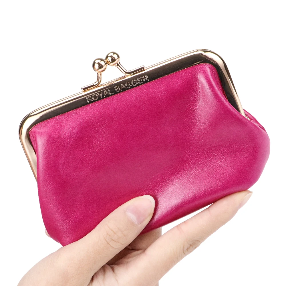 Royal Bagger Vintage Coin Purse for Women Genuine Cow Leather Clip Card Holder Simple Key Holders with Kiss Lock 1496