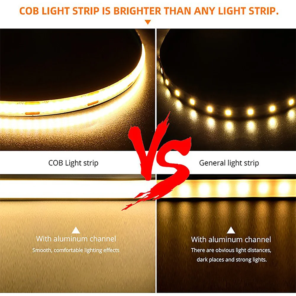 12V COB LED 스트립 라이트 320Leds/m 캐비닛 아래 조명 전시대 책장 옷장 램프 테이프 2선/DC/듀얼 포트 커넥터