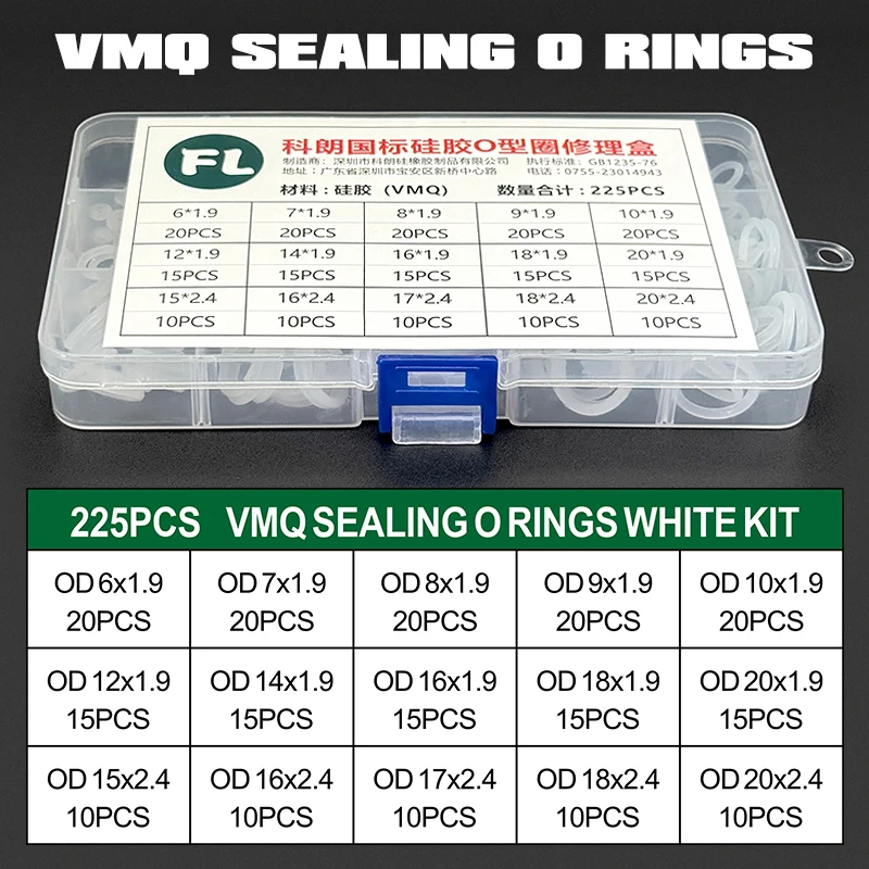 White/Red Food Grade VMQ Silicone Sealing O-Ring Kit 225Pcs CS1.9mm 2.4mm High Temperature Anti-Aging Leakproof Seal Gasket
